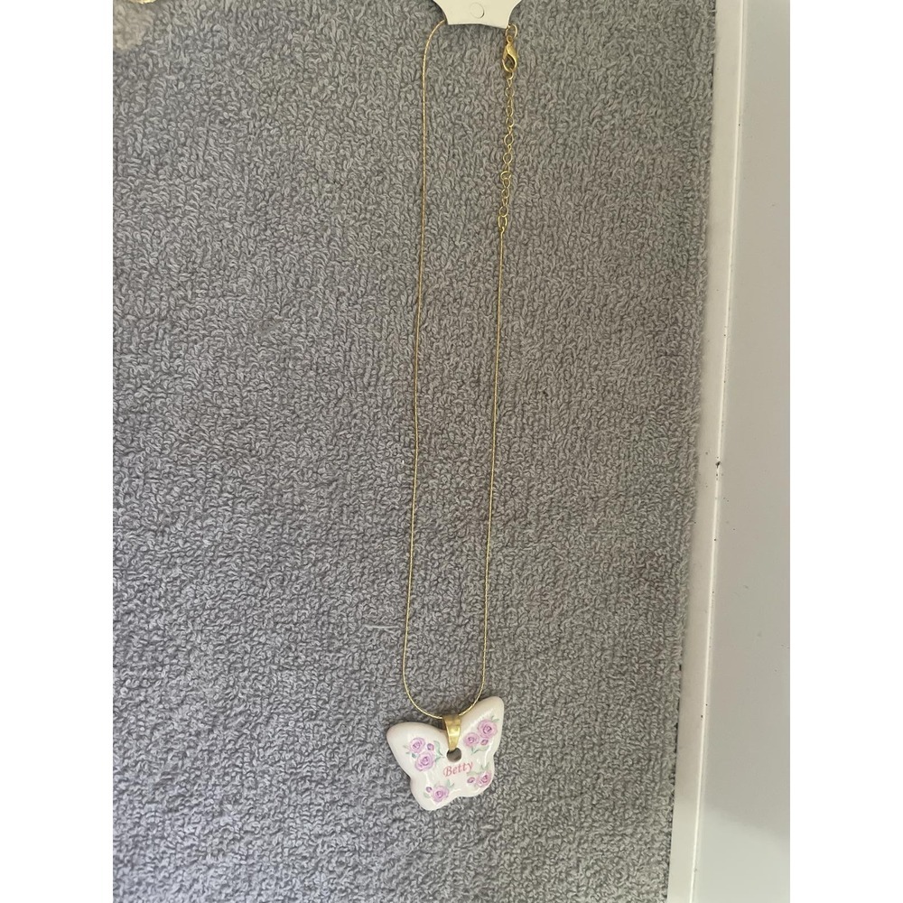 Betty Name Personalized Butterfly Ceramic Pendant Necklace Gold Tone Floral Rose
